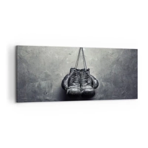 Impression sur toile - Image sur toile - De vieux gants de boxe contre le mur - 120x50cm - Un temps pour se battre et un temps pour la paix - Décoration murale moderne pour le salon et la chambre ARTTOR