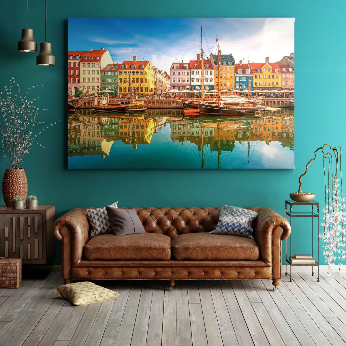 Impression sur toile - Image sur toile - Maisons colorées au bord des canaux de Copenhague - 100x70cm - Aussi lisse qu'un miroir au-dessus de l'eau - Décoration murale moderne pour le salon et la chambre ARTTOR