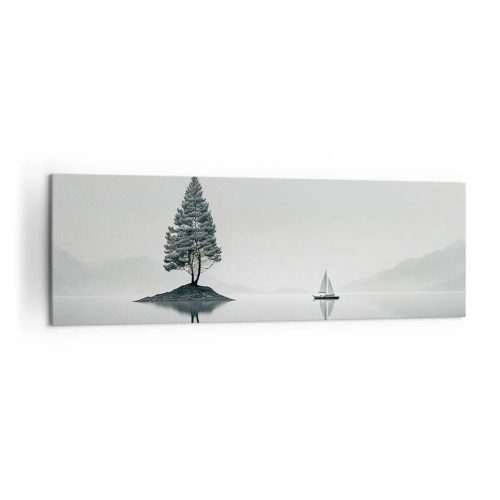 Impression sur toile - Image sur toile - Un paysage minimaliste avec un arbre sur une île et un voilier. - 160x50cm - Un rêve somnolent - Décoration murale moderne pour le salon et la chambre ARTTOR