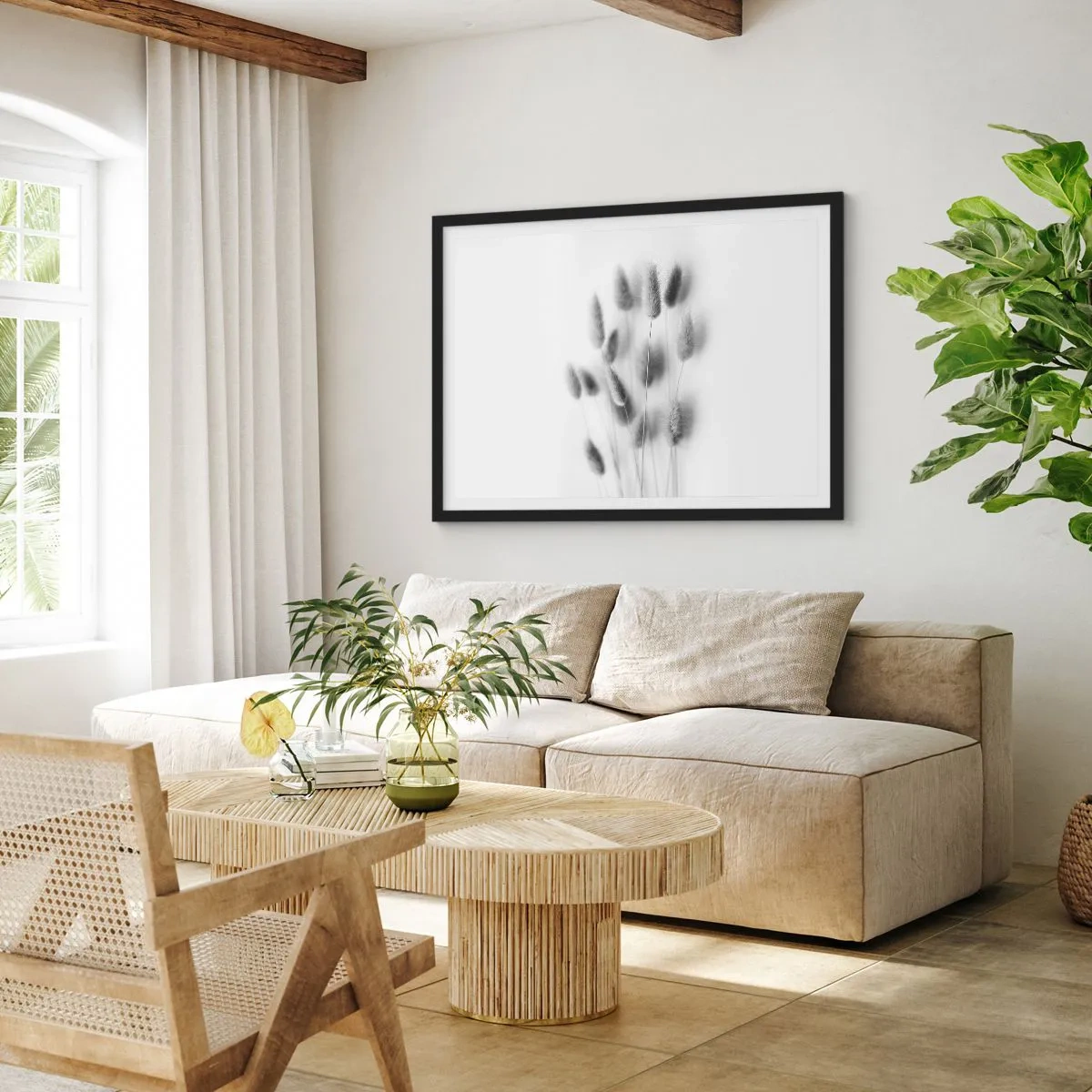 Affiche dans un cadre noir - Poster - Graminées délicates dans des tons de gris sur fond blanc - 100x70cm - Son herbe duveteuse - Décoration murale moderne pour le salon et la chambre ARTTOR