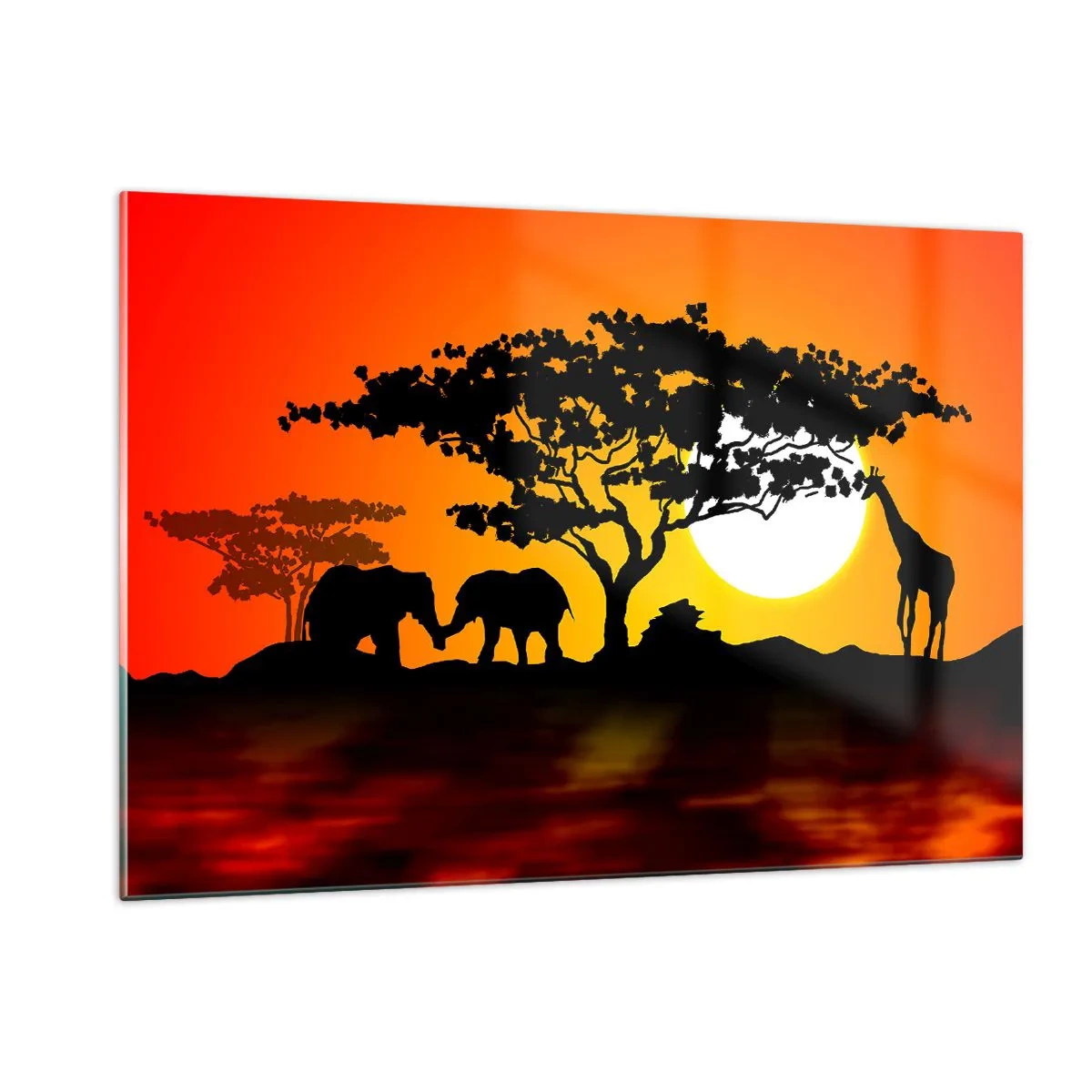Impression sur verre - Image sur verre - Paysage africain avec arbres et animaux au coucher du soleil - 120x80cm - Rencontre dans la savane - Décoration murale moderne pour le salon et la chambre ARTTOR