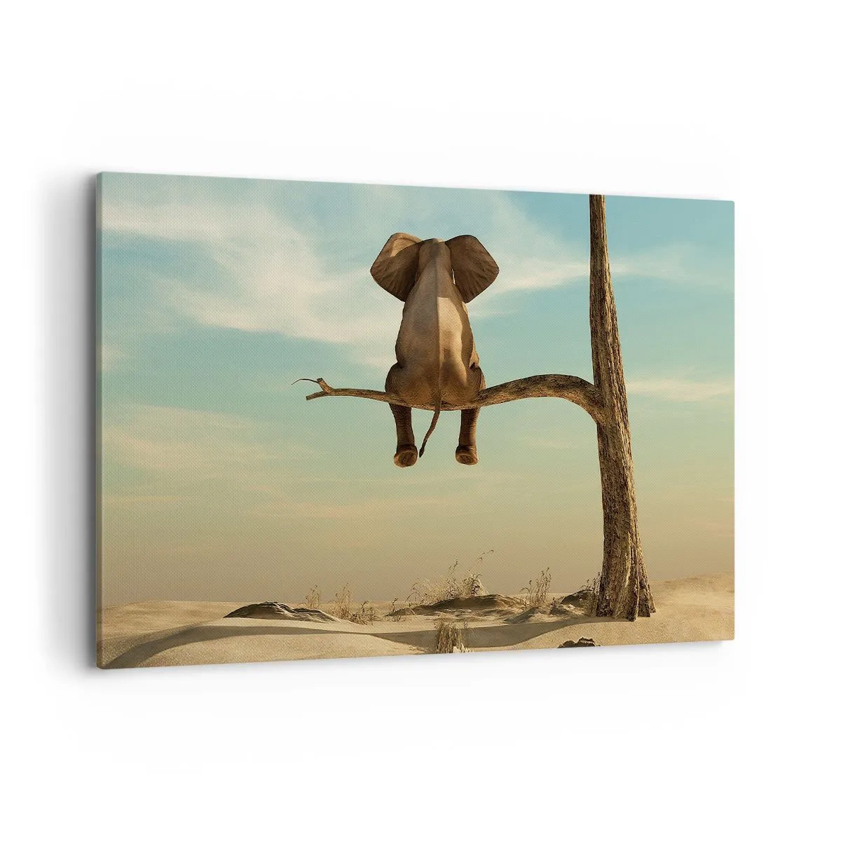 Impression sur toile - Image sur toile - Un éléphant assis sur une branche surplombant un paysage désertique - 120x80cm - Nouveau point de vue - Décoration murale moderne pour le salon et la chambre ARTTOR