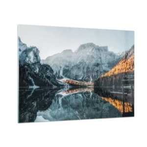 Impression sur verre - Image sur verre - Un paysage de montagne se reflétant dans la surface calme du lac - 70x50cm - Reflet de paysage - Décoration murale moderne pour le salon et la chambre ARTTOR