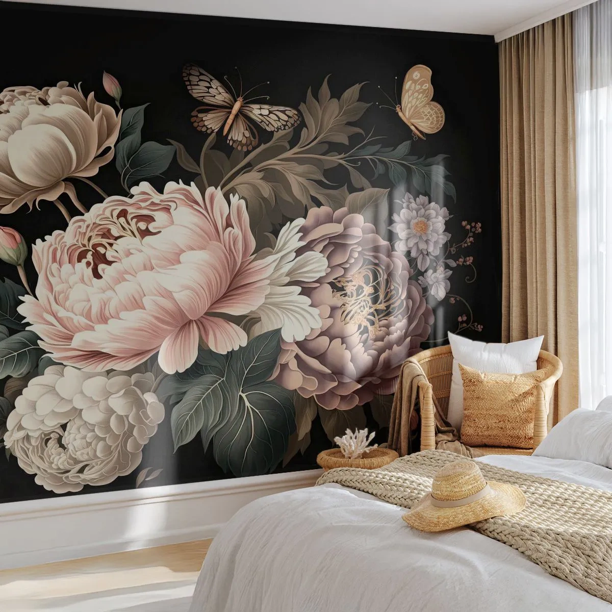 Papier Peint Photo Premium Sand - De style baroque - Botanique, Fleurs, Shabby-chic - 450x315 cm