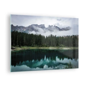 Impression sur verre - Image sur verre - Paysage de montagne avec un lac et une forêt se reflétant dans l'eau - 70x50cm - Chut, chut, ne réveillons pas l'eau qui dort - Décoration murale moderne pour le salon et la chambre ARTTOR