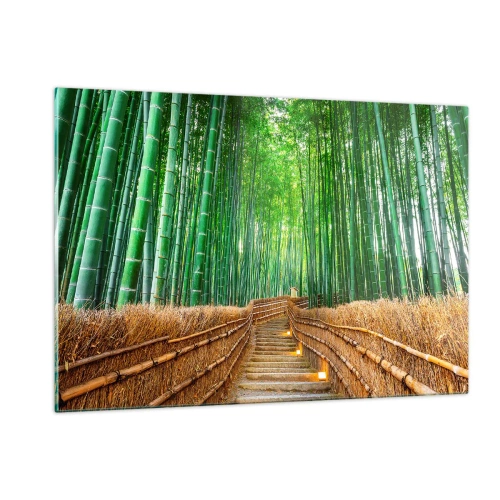 Impression sur verre - Image sur verre - Un chemin dans la forêt de bambous menant à travers les escaliers - 120x80cm - L'essence de la nature asiatique - Décoration murale moderne pour le salon et la chambre ARTTOR