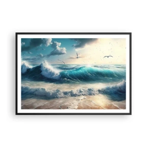 Affiche dans un cadre noir - Poster - Vagues de la mer sur la plage sous un ciel bleu avec des mouettes - 100x70cm - Ça bourdonne seulement pour toi - Décoration murale moderne pour le salon et la chambre ARTTOR