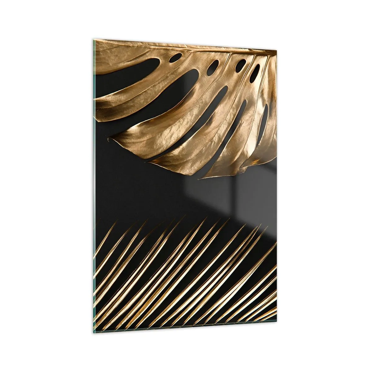 Impression sur verre - Image sur verre - Feuilles de palmier dorées et monsteras sur fond noir - 50x70cm - Différent et tout aussi cher - Décoration murale moderne pour le salon et la chambre ARTTOR