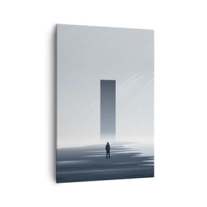 Impression sur toile - Image sur toile - Un paysage minimaliste avec une silhouette à côté d'un monolithe rectangulaire - 70x100cm - Opportunité ou menace ? - Décoration murale moderne pour le salon et la chambre ARTTOR