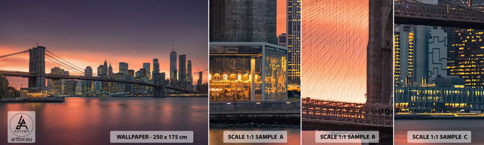 Échantillon De Papier Peint Standard Eco - Immergé dans le silence lilas - New York, Ville, le pont de Brooklyn - 100x30 cm