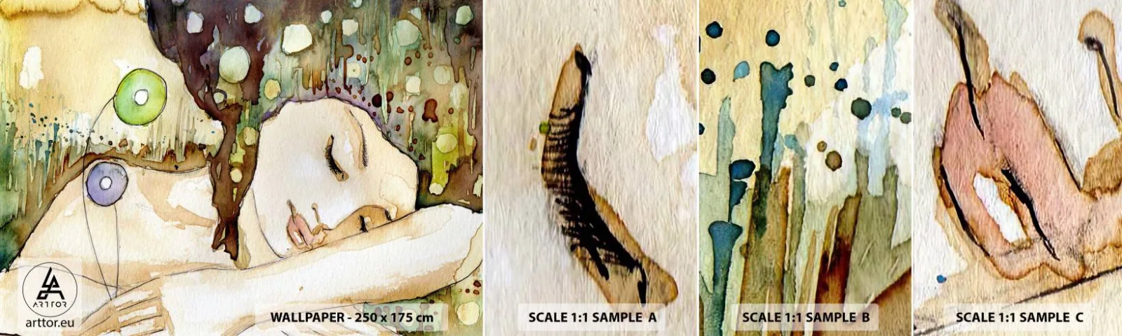 Échantillon de Papier Peint Autocollant Deluxe Sticker - Un rêve violet émeraude - Abstraction, Femme, Illustration - 100x30 cm