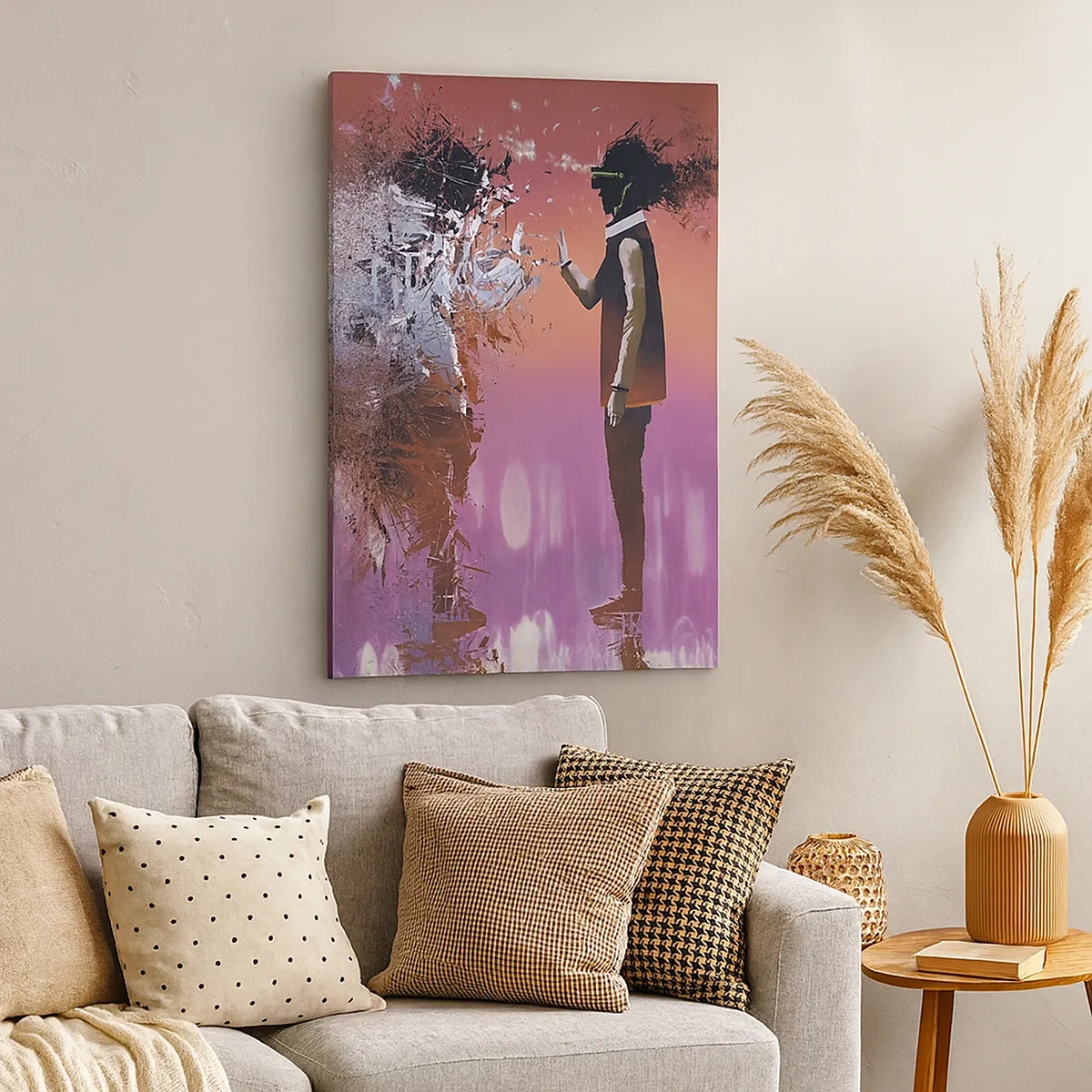 Impression sur toile - Image sur toile - Une scène abstraite avec une figure futuriste et des éléments dispersés. - 50x70cm - Pouvez-vous regarder à l'intérieur de vous-même ? - Décoration murale moderne pour le salon et la chambre ARTTOR