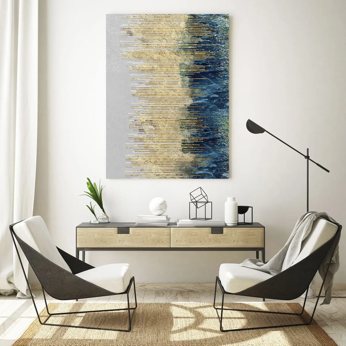 Impression sur verre - Image sur verre - Lignes verticales dorées sur fond de forêt bleu foncé - 50x70cm - Bordure dorée - Décoration murale moderne pour le salon et la chambre ARTTOR