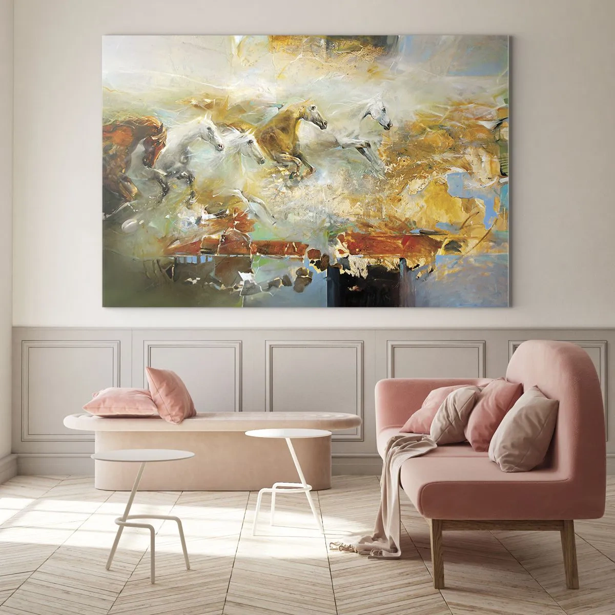 Impression sur verre - Image sur verre - Chevaux abstraits en mouvement dynamique - 70x50cm - Au galop vers la lumière - Décoration murale moderne pour le salon et la chambre ARTTOR