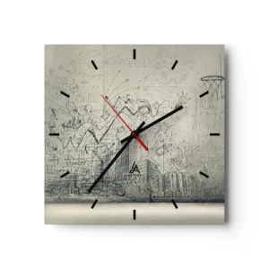 Horloge murale - Pendule murale - Dessins et schémas sur fond de mur brut - 30x30cm - Ma vie fantastique en ville - Décoration murale moderne pour le salon et la chambre ARTTOR