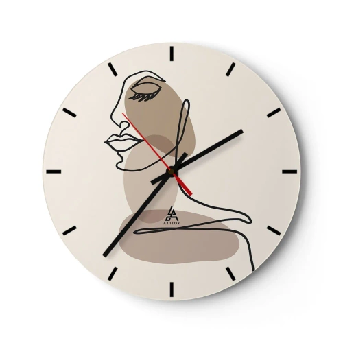 Horloge murale - Pendule murale - Un visage de femme en contour sur fond beige avec des taches de couleur. - 30x30cm - S'écouter - Décoration murale moderne pour le salon, la cuisine et la chambre ARTTOR