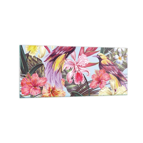 Impression sur verre - Image sur verre - Oiseaux exotiques parmi les fleurs tropicales - 120x50cm - Pétales et plumes - Décoration murale moderne pour le salon et la chambre ARTTOR