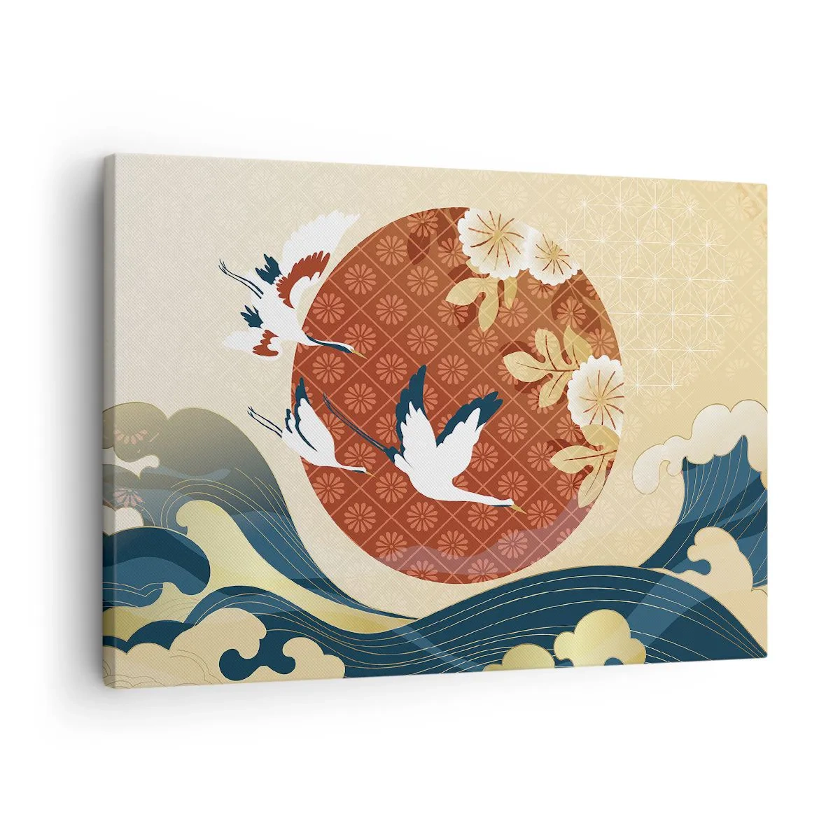 Impression sur toile - Image sur toile - Composition japonaise avec des grues et des vagues - 70x50cm - Conte japonnais - Décoration murale moderne pour le salon et la chambre ARTTOR