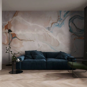 Papier Peint Photo Standard Eco - Texture de marbre abstraite dans des tons clairs - 100x70cm - Le bleu serpente sous le blanc - Décoration murale moderne pour le salon et la chambre ARTTOR
