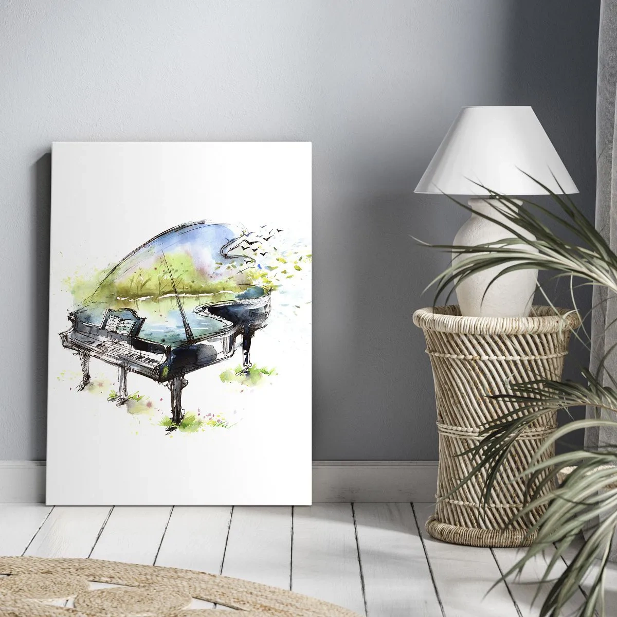 Impression sur toile - Image sur toile - Aquarelle artistique d'un piano avec la nature en arrière-plan - 70x100cm - Enchanté en musique - Décoration murale moderne pour le salon et la chambre ARTTOR