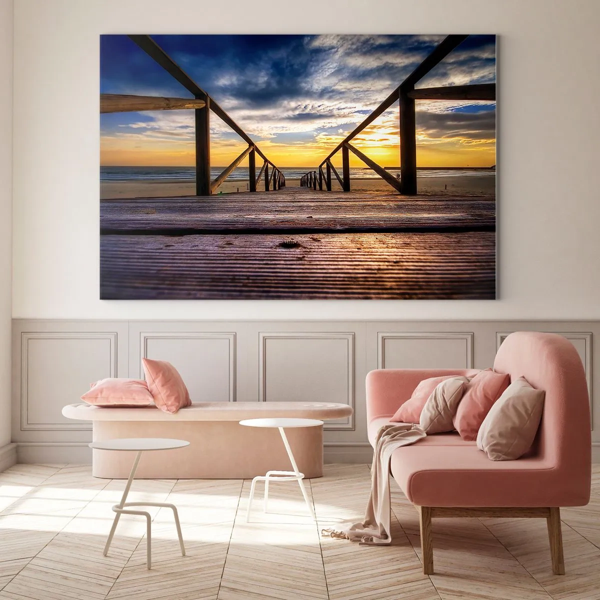 Impression sur verre - Image sur verre - Jetée menant à la plage au coucher du soleil - 120x80cm - Directement sur une plage calme au coucher de soleil - Décoration murale moderne pour le salon et la chambre ARTTOR