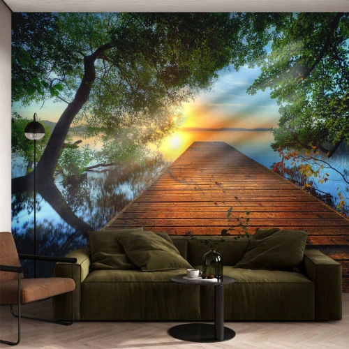 Papier peint sur mesure Premium Sand - Prenez votre temps, asseyez-vous - Paysage, Pont de bois, Lac