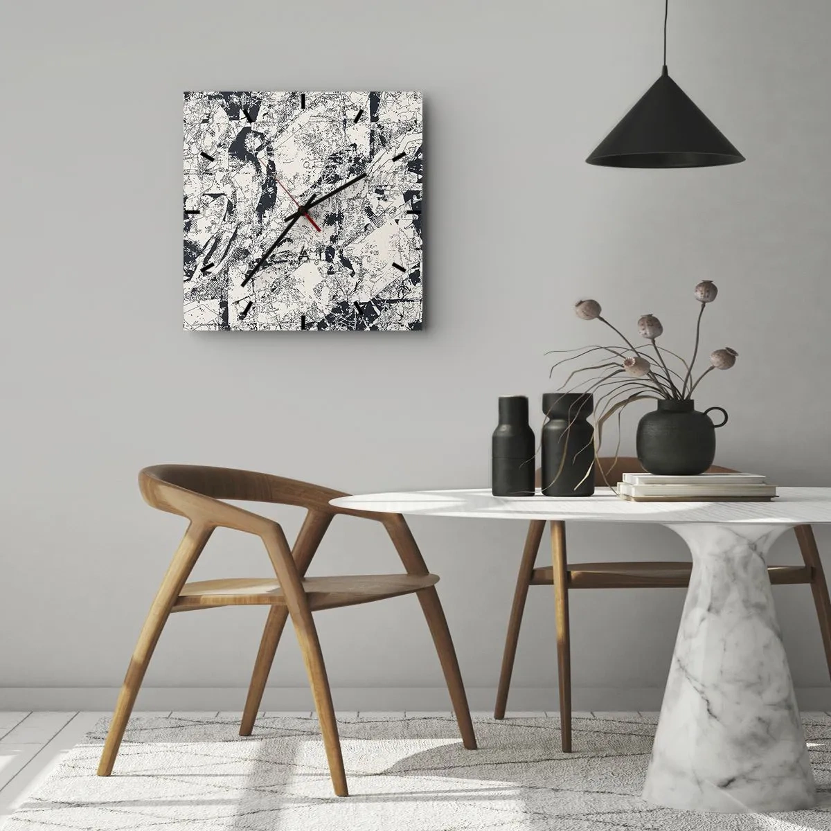 Horloge murale - Pendule murale - Composition abstraite en noir et blanc avec une mise en page dynamique - 30x30cm - Interpénétration des contraires - Décoration murale moderne pour le salon et la chambre ARTTOR