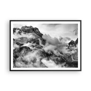 Affiche dans un cadre noir - Poster - Vue en noir et blanc de montagnes entourées de nuages - 100x70cm - Belle et cruelle - Décoration murale moderne pour le salon et la chambre ARTTOR