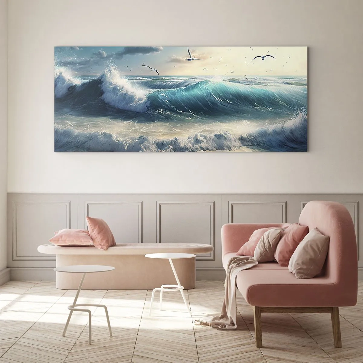 Impression sur verre - Image sur verre - Vagues de la mer sur la plage sous un ciel bleu avec des mouettes - 120x50cm - Ça bourdonne seulement pour toi - Décoration murale moderne pour le salon et la chambre ARTTOR