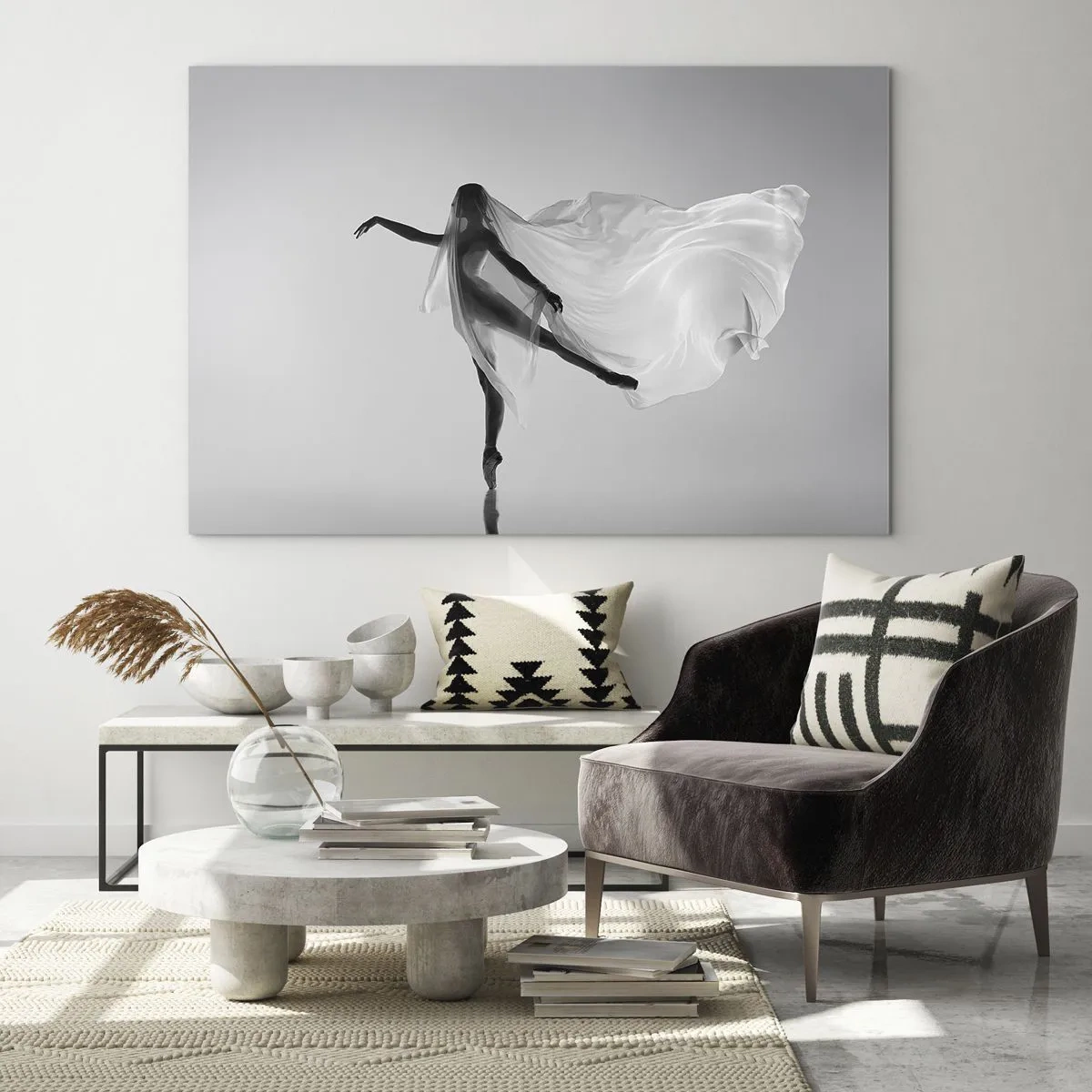 Impression sur verre - Image sur verre - Silhouette d'une danseuse avec un voile flottant en mouvement - 120x80cm - Légèreté et grâce - Décoration murale moderne pour le salon et la chambre ARTTOR