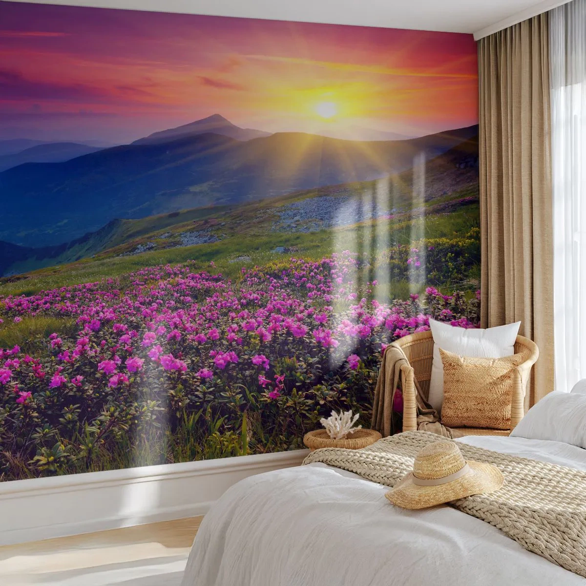 Papier Peint Photo Premium Sand - … Et autour, ça sent le pin des montagnes et l'odeur de la prairie - Paysage, Montagnes, Coucher de soleil - 100x70 cm