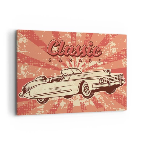 Impression sur toile - Image sur toile - Affiche rétro avec une voiture classique et les mots Classic Garage - 100x70cm - Et à la radio, Elvis - Décoration murale moderne pour le salon et la chambre ARTTOR