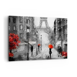 Impression sur toile - Image sur toile - Une rue avec vue sur la Tour Eiffel et des parapluies rouges - 120x80cm - Tous les chemins mènent à elle - Décoration murale moderne pour le salon et la chambre ARTTOR