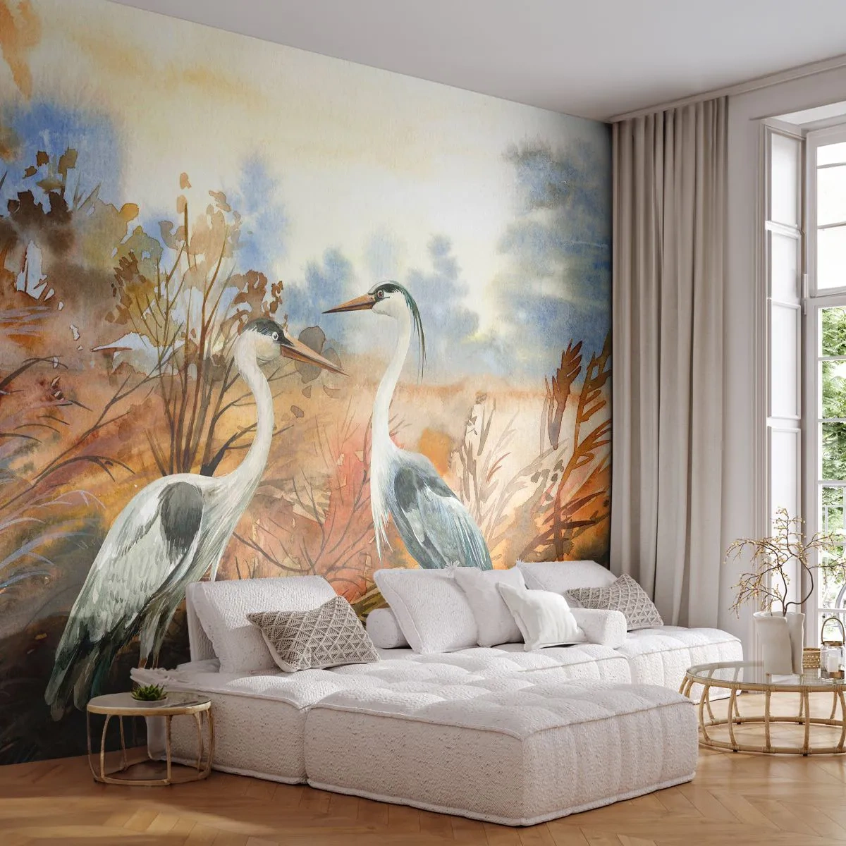 Papier Peint Photo Premium Sand - Deux hérons dans un paysage d'automne peints à l'aquarelle - 100x70cm - Jusqu'où en automne ? - Décoration murale moderne pour le salon et la chambre ARTTOR