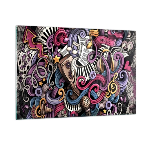 Impression sur verre - Image sur verre - Thèmes musicaux colorés avec notes et instruments - 120x80cm - Mélodie compliquée - Décoration murale moderne pour le salon et la chambre ARTTOR