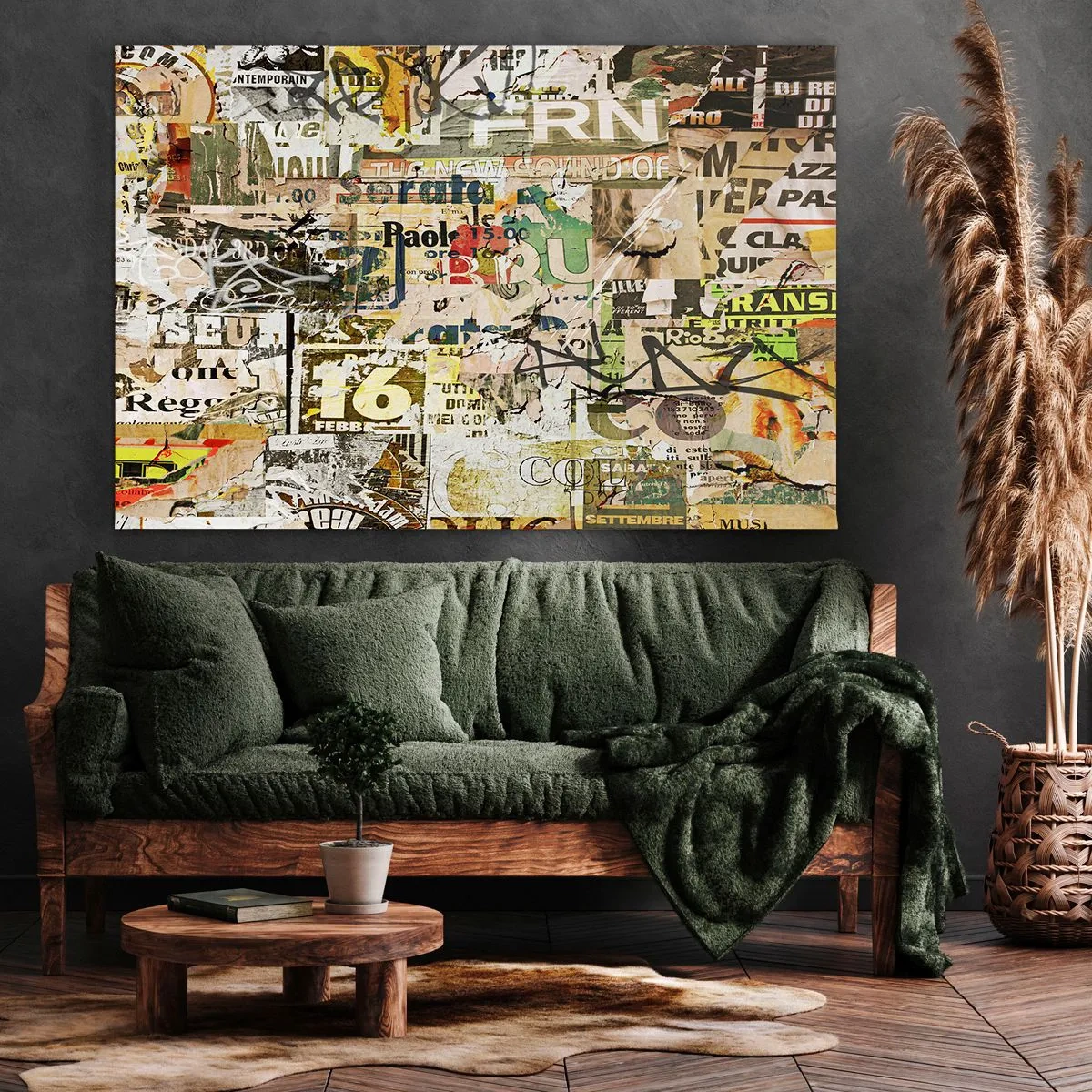 Impression sur toile - Image sur toile - Un collage de fragments de journaux et d'affiches dans un style artistique. - 70x50cm - Oh, il se passe quelque chose... - Décoration murale moderne pour le salon et la chambre ARTTOR