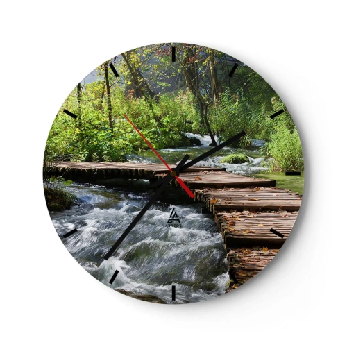 Horloge murale - Pendule murale - Un pont en bois sur un ruisseau tumultueux entouré de verdure - 30x30cm - Au-dessus de la cascade mousseuse - Décoration murale moderne pour le salon, la cuisine et la chambre ARTTOR