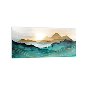 Impression sur verre - Image sur verre - Paysage abstrait avec des montagnes et des accents dorés - 120x50cm - Au frontière de l’abstraction – paysage - Décoration murale moderne pour le salon et la chambre ARTTOR