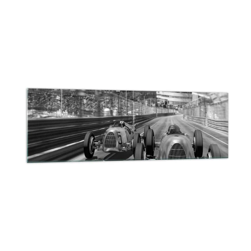 Impression sur verre - Image sur verre - Scène de course automobile rétro monochrome - 160x50cm - Il y a longtemps à Monté Carlo - Décoration murale moderne pour le salon et la chambre ARTTOR