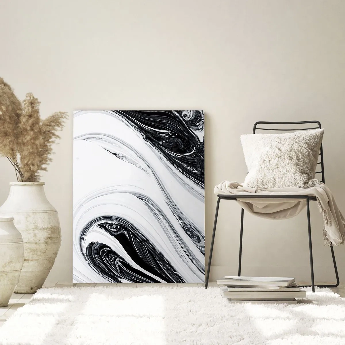 Impression sur verre - Image sur verre - Abstraction en noir et blanc avec des lignes et des tourbillons dynamiques - 70x100cm - Une combinaison d'opposés - Décoration murale moderne pour le salon et la chambre ARTTOR
