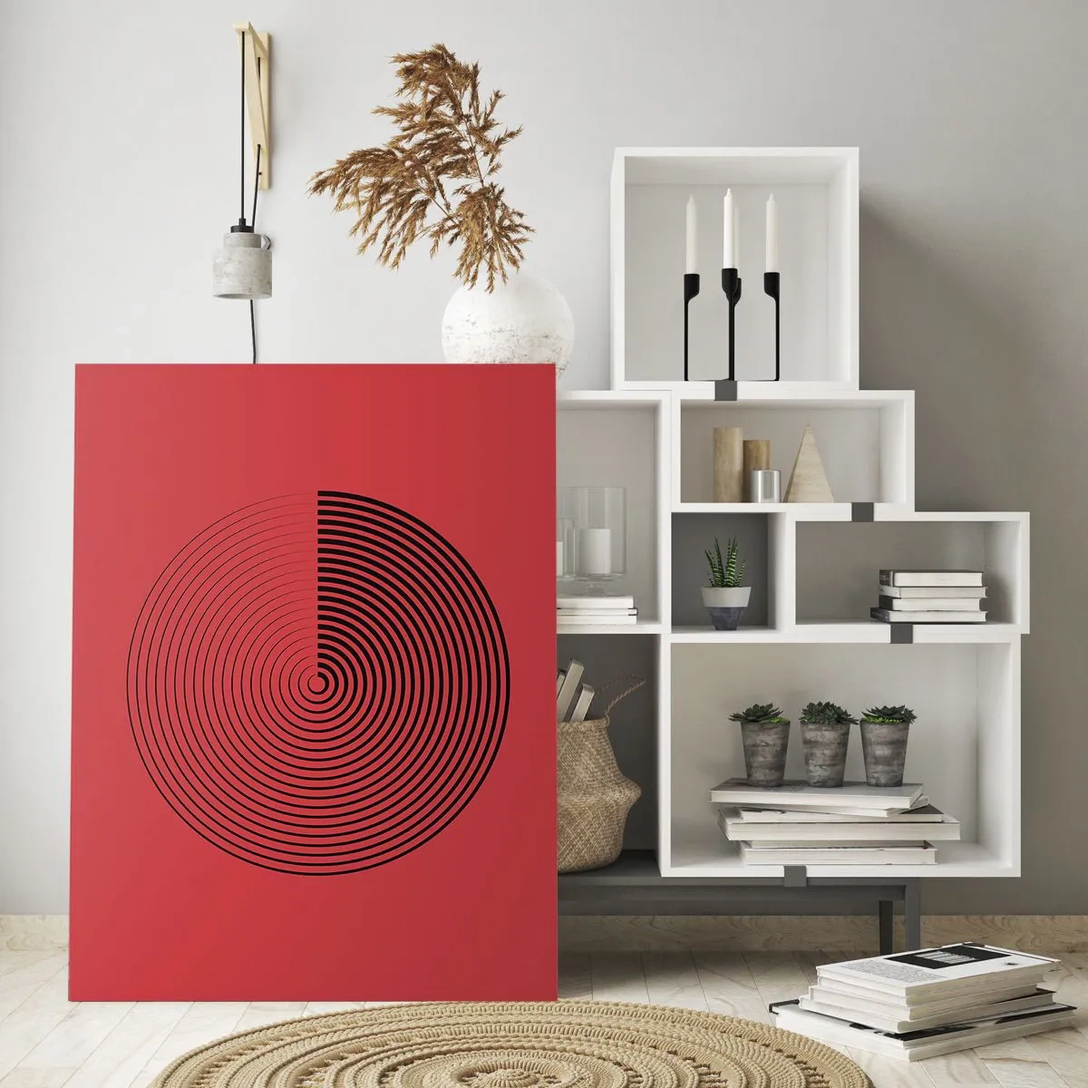 Impression sur verre - Image sur verre - Cercles concentriques noirs sur fond rouge - 50x70cm - Mouvement circulaire - Décoration murale moderne pour le salon et la chambre ARTTOR