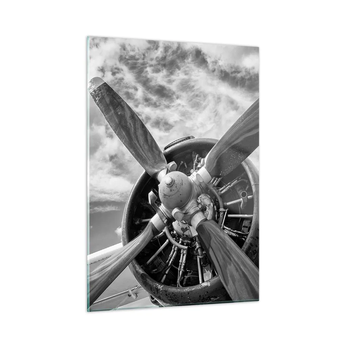 Impression sur verre - Image sur verre - Gros plan d'une hélice d'avion en noir et blanc. - 50x70cm - Dompteur de ciel - Décoration murale moderne pour le salon et la chambre ARTTOR