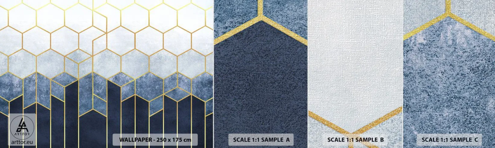 Échantillon de Papier Peint Premium Canvas - Composition en rythme syncopé - Abstraction, Morceau, Hexagone - 100x30 cm