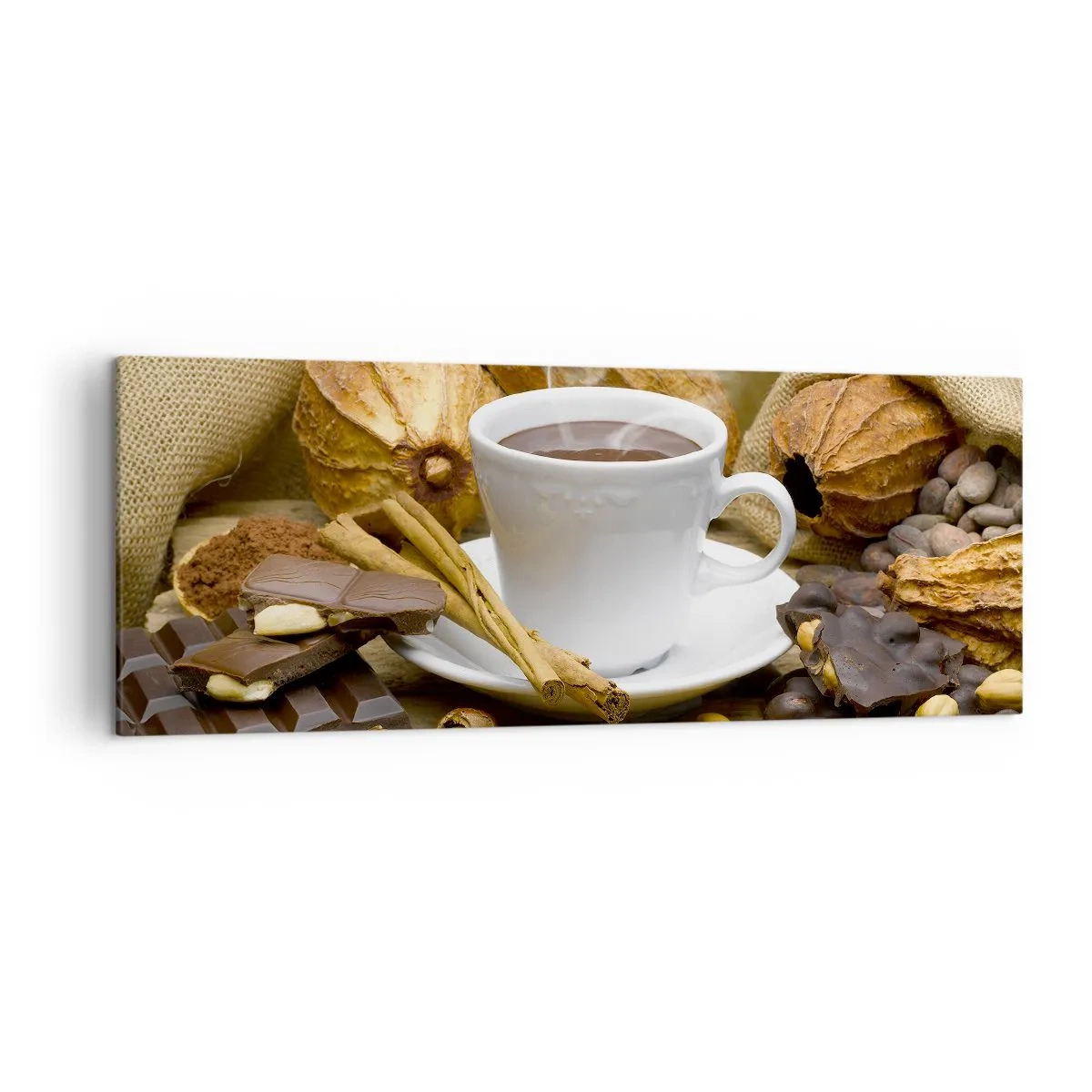 Impression sur toile - Image sur toile - Une tasse de chocolat chaud entourée de cacao et de cannelle - 140x50cm - Pour les amateurs de sensations fortes - Décoration murale moderne pour le salon et la chambre ARTTOR