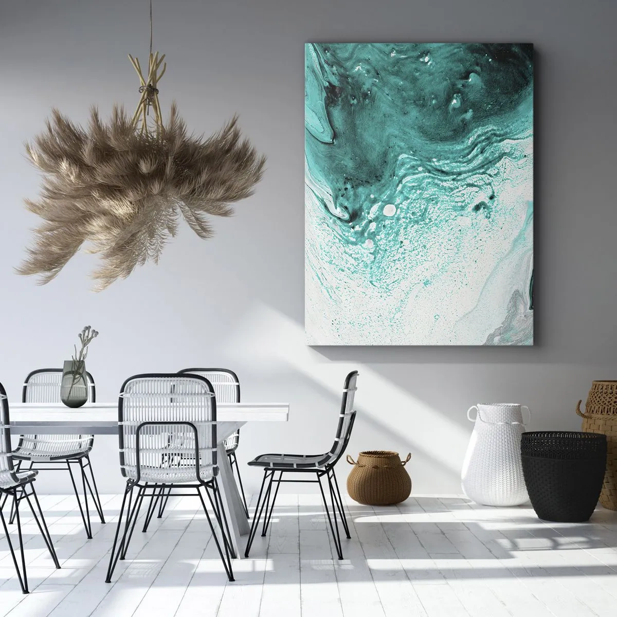 Impression sur toile - Image sur toile - Composition abstraite dans des tons turquoise sur fond blanc - 70x100cm - Se fondre dans le bleu et le turquoise - Décoration murale moderne pour le salon et la chambre ARTTOR