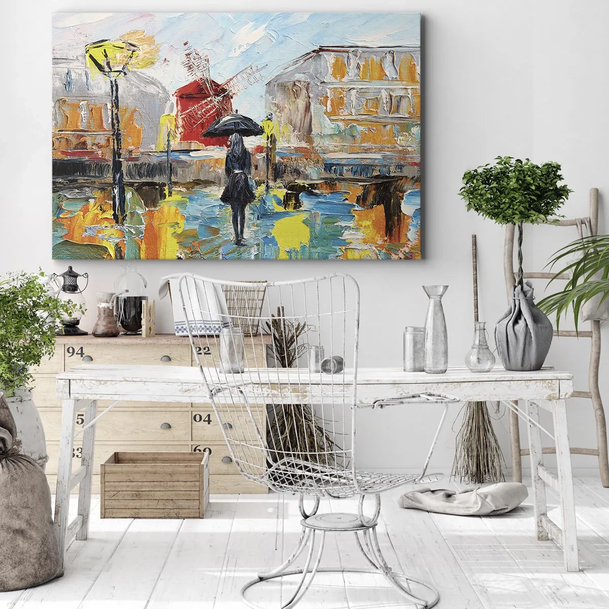 Impression sur toile - Image sur toile - Une scène pittoresque avec un parapluie sur fond de Paris aux couleurs vibrantes. - 70x50cm - Légende parisienne - Décoration murale moderne pour le salon et la chambre ARTTOR