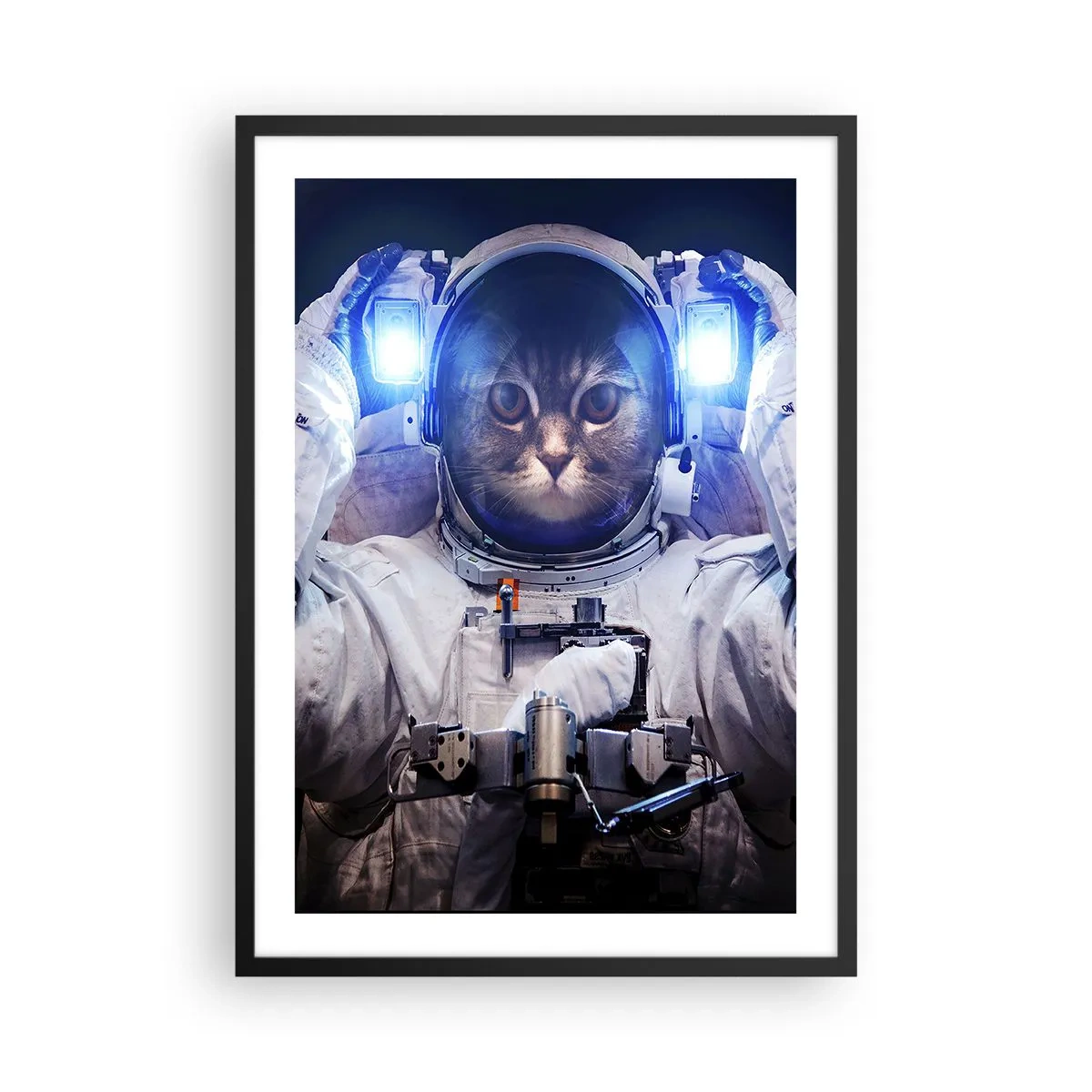 Affiche dans un cadre noir - Poster - Chat astronaute en combinaison spatiale complète - 50x70cm - Houston, vous avez un problème - Décoration murale moderne pour le salon et la chambre ARTTOR