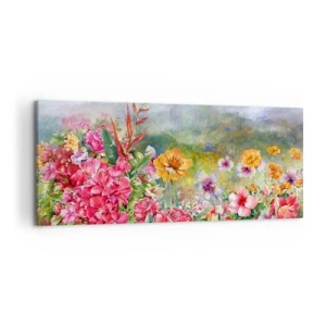 Impression sur toile - Image sur toile - Une composition colorée de fleurs sur un fond de paysage aux couleurs pastel - 120x50cm - Un jardin devenu fou - Décoration murale moderne pour le salon et la chambre ARTTOR