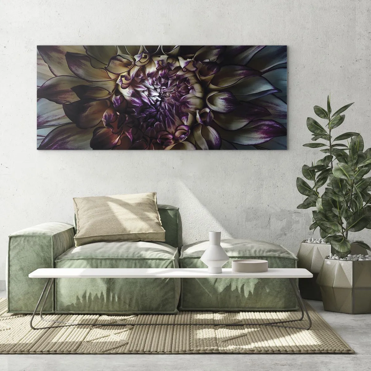 Impression sur verre - Image sur verre - Gros plan d'une fleur de dahlia dans des tons sombres - 120x50cm - L'apogée de la jeunesse - Décoration murale moderne pour le salon et la chambre ARTTOR