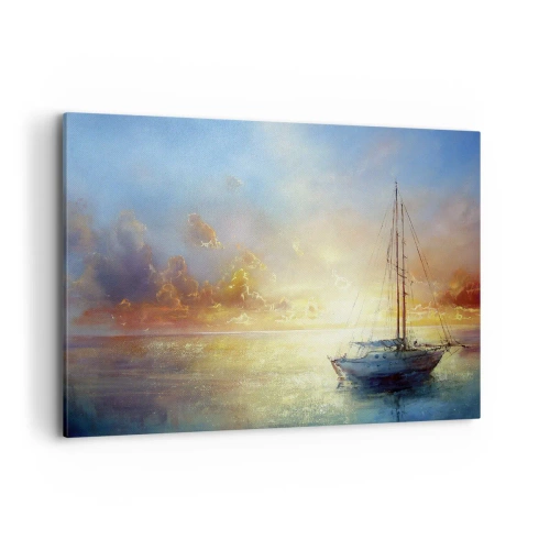 Impression sur toile - Image sur toile - Un yacht sur une mer calme au coucher du soleil - 120x80cm - Dans une baie dorée - Décoration murale moderne pour le salon et la chambre ARTTOR